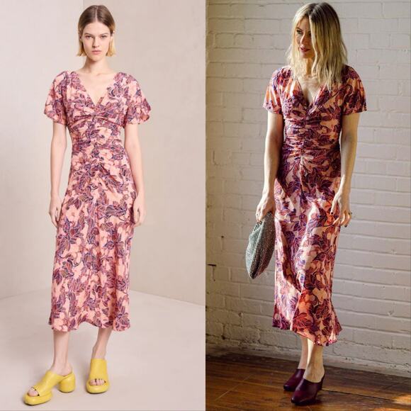 A.L.C. Dresses & Skirts - A.L.C. Elodie Silk Ruched Printed Midi Dress Grapefruit Pink
